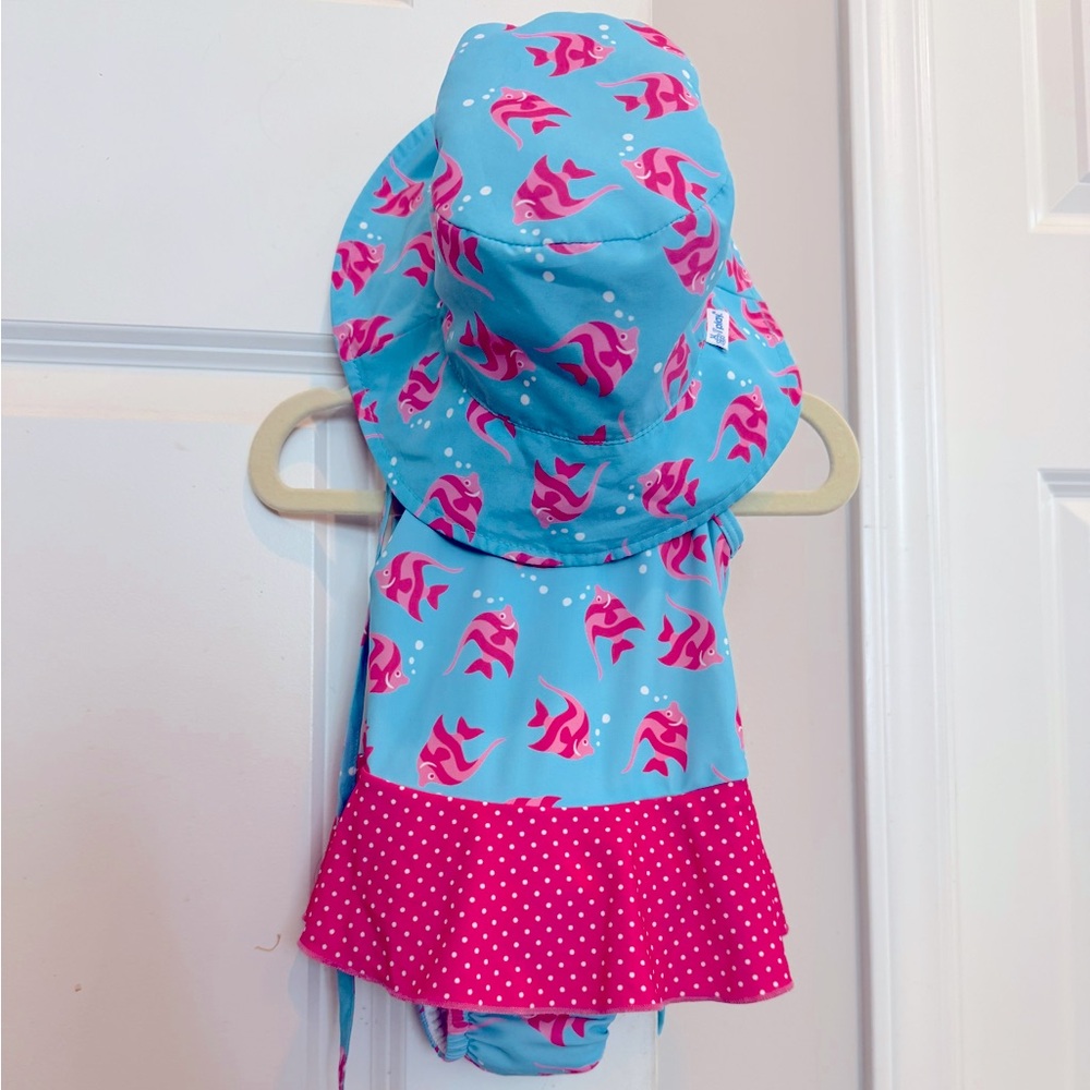 iPlay Infant Swimsuit and Sun Hat Matching Set, Blue with Pink Angelfish UPF 50+